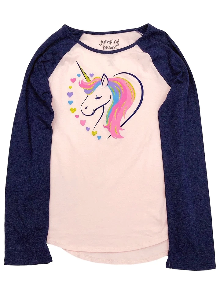 Jumping Beans Girls Long Pink & Navy Sparkle Heart Unicorn T-Shirt Tee Shirt 12 - Image 1 of 1