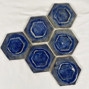 Blue Geode Ceramic Set Of 6 Handmade 5” Hexagon Coasters Gold Bottom - Picture 1 of 9