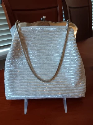 Винтажный 1950-х белый бисером вечер сумка сумочка с цепочкой серебро металлический акценты Японии - Изображение 1 из 4