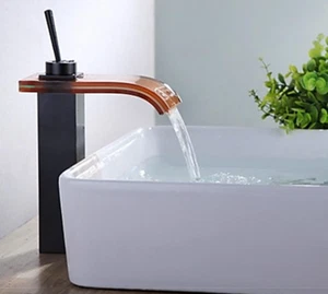 Grifo lavabo de vidrio de latón negro para baño cuenca en cascada recipiente fregadero grifo mezclador - Imagen 1 de 6