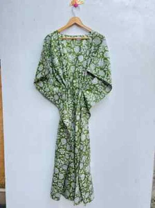 Indian Vintage 100% Cotton Long Beach Maxi Kaftan Dress One Size Caftan Kimono - Picture 1 of 8