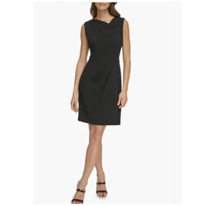 DKNY Womens Black Sleeveless Classic Fold Over Neck Shift Dress Sz 14 NWT - Picture 1 of 8