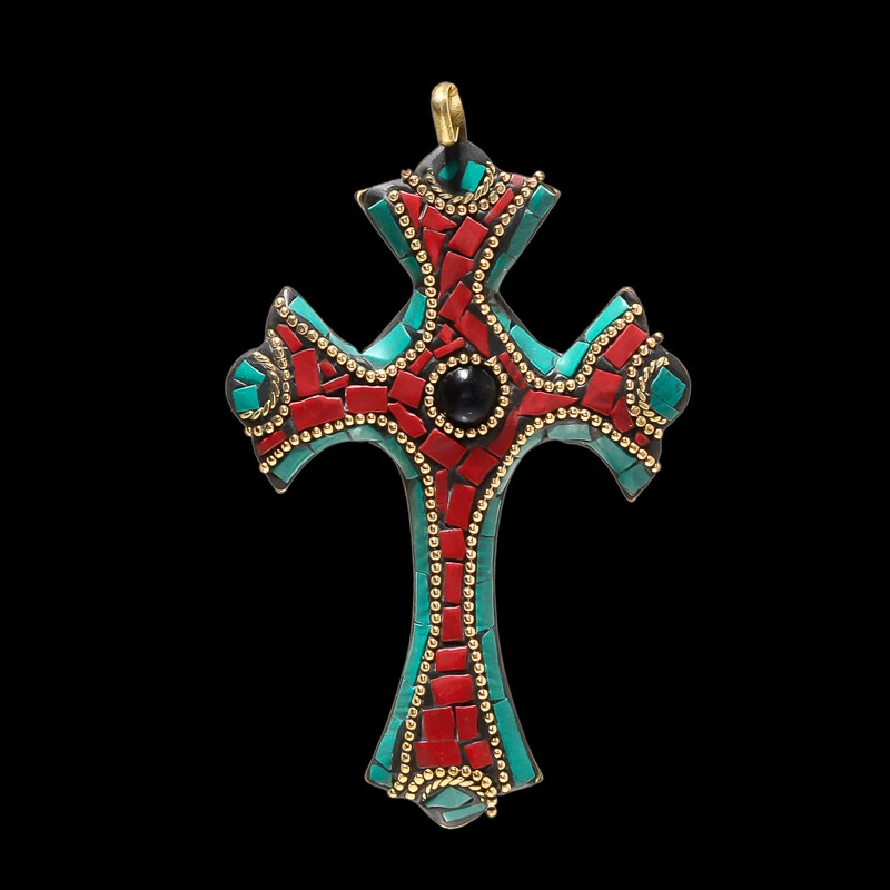 CORAL ROJO, ÓNIX Y TURQUESA PIEDRAS PRECIOSAS TIBATÁN HECHO A MANO CRUZ BOHO COLGANTE 4,4"" Foto 1 de 1