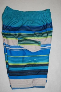 Boys Swim Trunks BLUE GRAY TEAL BLACK & NEON YELLOW Abstract Stripes SIZE M 8-10 - Picture 1 of 3