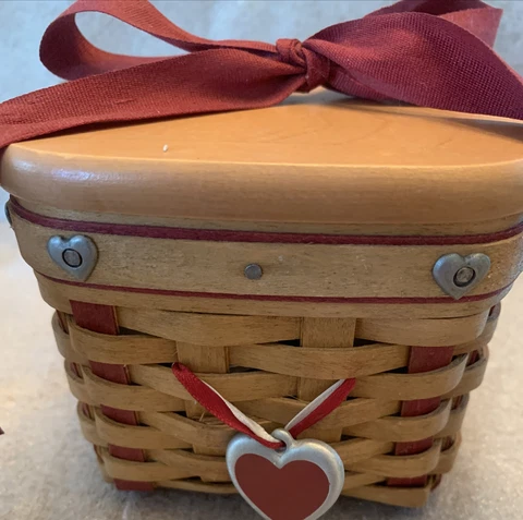 Longaberger 2003 Mini Basket W/ Hearts & Buttoned Fabric & Plastic Liner Cover