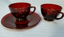 Ruby Cranberry Red Glass Footed 2 Cups Mugs & 1 Saucer 