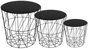 Set Of 3 Side Tables Nesting Coffee Tables Black With Black Glass Top - Picture 1 of 2