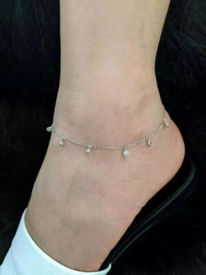 1.60Ct Round Created Diamonds Women Dangle Drops Anklet 14K White Gold Finish 9" - Image 1 of 4