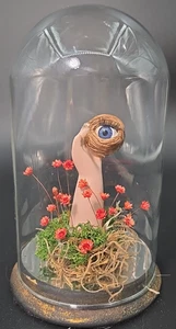 OOAK Creepy Sculpture Hand Holding an Eye Dried Flowers 7.5" Glass Cloche Art - Picture 1 of 12
