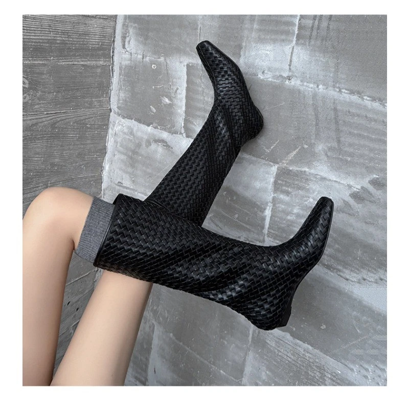 Moda Mujeres Tacones Altos Botas Hasta la Rodilla Punta Cuadrada Tejido Cuero Botas Altas Talla Foto 1 de 4