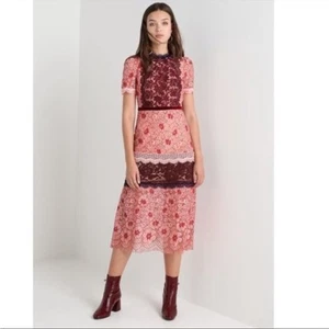 Foxiedox Sadie Dress Lace Midi Short Sleeve Floral 2 Pink Burgundy - Imagen 1 de 12