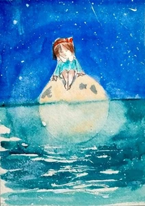 ACEO Original Watercolour Dreams, Fantasy, Girl, Imagination,Night,Moon - Picture 1 of 5