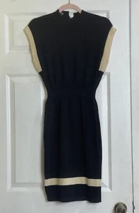 ST JOHN Marie Gray Size 2 Santana Knit Black Cream Sheath Midi Dress Vtg  Flaws - Picture 1 of 6