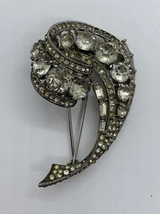 VTG Crown Trifari Signed Art Nouveau Sterling Silver Rhinestone Brooch Pin Large - Picture 1 of 12
