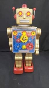 Vintage Metal House Gear Robot Battery Operated Tin Toy Gold Japan w/ BOX - Picture 1 of 12