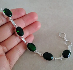 NATURAL OVAL GREEN CHROME DIOPSIDE 925 STERLING SILVER LINK CHAIN BRACELET 7.5" - Picture 1 of 6