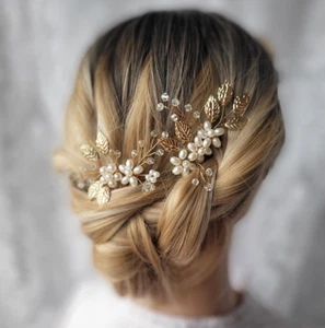 2 Stück Set Haarkamm Braut Hochzeit Brauthaarschmuck Brautkamm Haarspange gold - Bild 1 von 6