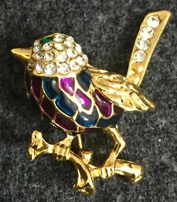 Attwood & Sawyer Unsigned Harlequin Pave Rhinestone Enamel Bird Brooch Goldtone Foto 1 de 4