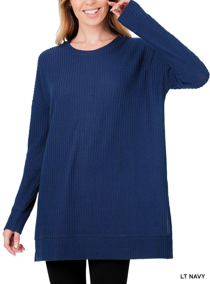 Suéter cálido tejido gofre térmico cepillado suave cuello redondo para mujer 1X 2X 3X Foto 1 de 1