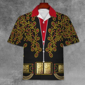 Elvis Spanish Flower – Black With Red Stones Unisex Hawaii Shirt - Picture 1 of 3