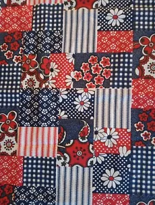 Vintage 1970's Cheater Quilt Patchwork Cotton Fabric Red White Blue Daisy 1yd+ - Picture 1 of 8