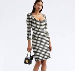 2790 $ Oscar de la Renta Tweed-Midikleid mit Metallic-Karo Größe 6 - Bild 1 von 11
