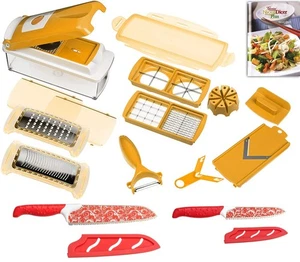 Genius Nicer Dicer Plus Gemüseschneider 14-tlg apricot + Magic-Cut Messerset rot - Bild 1 von 3