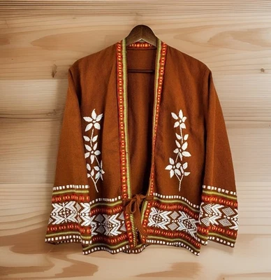 Vintage 1970s Boho Hippie Orange Cardigan Embroidered Jacket M Unique Statement - Image 1 of 4
