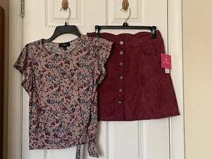 Amy Byer Girl's Size XL-16 Skirt & Top Set Ruffled Red Pink Floral New With Tags - Picture 1 of 13