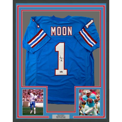 Framed Facsimile Autographed Warren Moon 33x42 Blue Reprint Laser Auto Jersey Cover