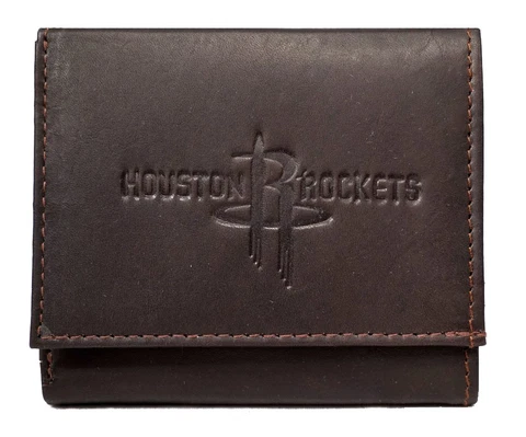 Houston Rockets Distressed Look Embossed Logo Dark Brown Leather Trifold Wallet Cover