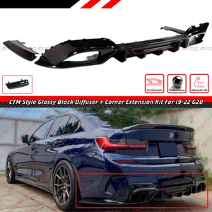 FOR 19-22 BMW G20 330i M340i CTM STYLE GLOSS BLACK REAR DIFFUSER W/ CORNER SPATS - Picture 1 of 5