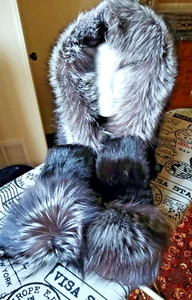 SILVER FOX & BLACK MINK HOOD/SCARF - Picture 1 of 4