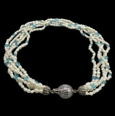 Collana donna vintage argento 925 perle fiume naturali bianche azzurre multifilo - Immagine 1 di 4