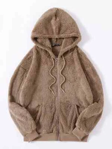 Chaqueta de peluche marrón con capucha bolsillo inclinado cordón con cremallera para mujer talla 8/10 (L) - Imagen 1 de 5