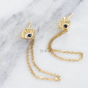 14K Gold 0.08CT Blue Sapphire Evil Eye Drop Chain Earrings - The Jewelz - Picture 1 of 4
