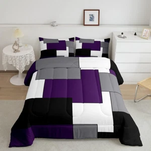 Grey Purple White Black Bedding Set,Geometry Square Comforter Set Full,Young Man - Picture 1 of 6