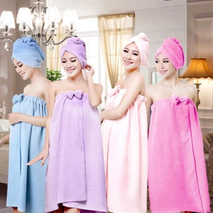 Women Girl Soft Microfiber Magic Absorbent Dry Spa Bath Towel Beach Bathrobe+Cap - Picture 1 of 10