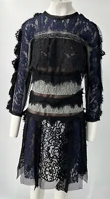 Lanvin 2015 Blue/Blue Lace Paneled  Long Sleeve A-Line Dress sz 42 - Image 1 of 4