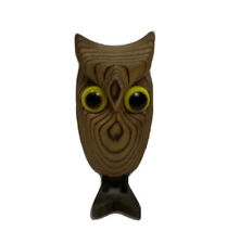 Vintage MCM Cryptomeria Wood Owl Figurine 2.5” Carved Decor Yellow Eyes