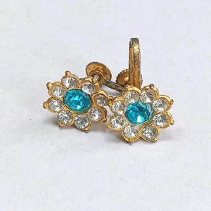 Vintage Rhinestone Flower Gold Tone Stud Screw Back Earrings-December Birthstone - Picture 1 of 8