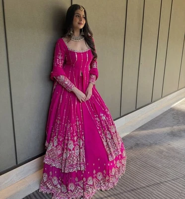 Beautiful Pure Heavy Faux Georgette Pink Top Lehenga With Dupatta For Reception - Image 1 of 4