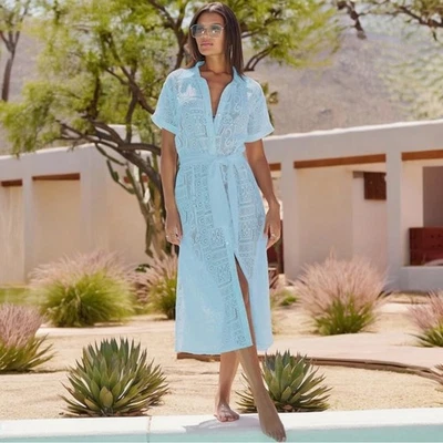 Vestido Camisa BECCA By Rebecca Virtue Gauzy Cuello Crochet Azul Nuevo con Etiquetas - S Foto 1 de 4