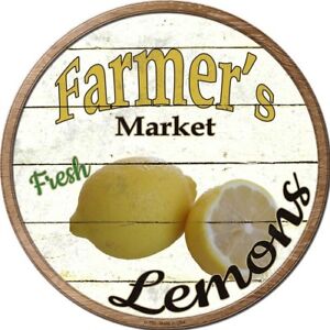 Farmers Market Fresh Lemons 12" Round Metal Sign Rustic Retro Kitchen Wall Decor