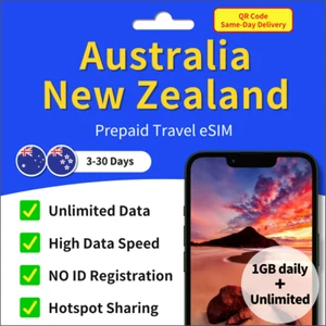 [ SIM ] Australie Nouvelle Zélande eSIM Illimité / 3-30 Jours 5G 4G ✨Livraison le jour même - Photo 1 sur 7