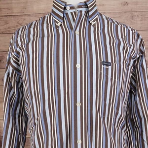 FACONNABLE STRIPED 100% COTTON BUTTON DOWN SHIRT MENS SIZE M MEDIUM BROWN BLUE - Picture 1 of 6