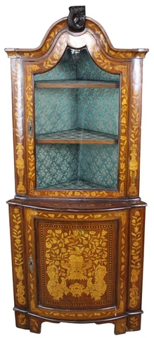 Antique Dutch Marquetry Inlaid Walnut 19th Century Corner Cabinet Cupboard 75" Cover