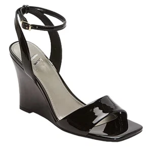 Worthington Womens Navin Wedge Sandals 5.5 M Black Patent Leather Ankle Strap - Picture 1 of 4