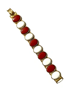 Bracciale Vintage Maglia Ovale Bianco e Rosso Tono Oro Dichiarazione 7" - Foto 1 di 14