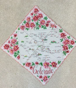 Vintage Pink Flowers Colorado 13" Sq Scallop Edge Handkerchief  Hankie FREE SHIP - Picture 1 of 8